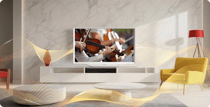 Biały TV na tle marmurowej ściany wyświetla koncert smyczkowy; efekty graficzne symbolizują emitowany dźwięk