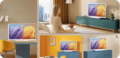 Zbliżenie na kolaż czterech wnętrz prezentujący biały telewizor Hisense S5 na różnych szafkach i biurkach w nowoczesnym otoczeniu