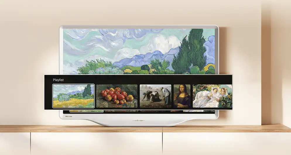 Biały telewizor na szafce wyświetla obraz Van Gogha z otwartym menu Playlist zawierającym miniatury dzieł sztuki