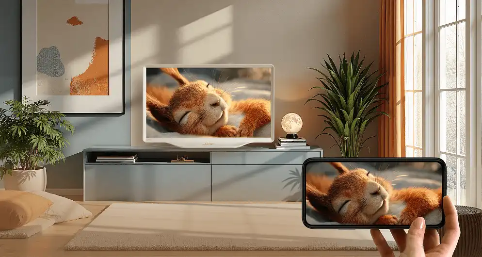 Funkcja udostępniania ekranu; ten sam obraz śpiącej wiewiórki widoczny na smartfonie i na ekranie telewizora