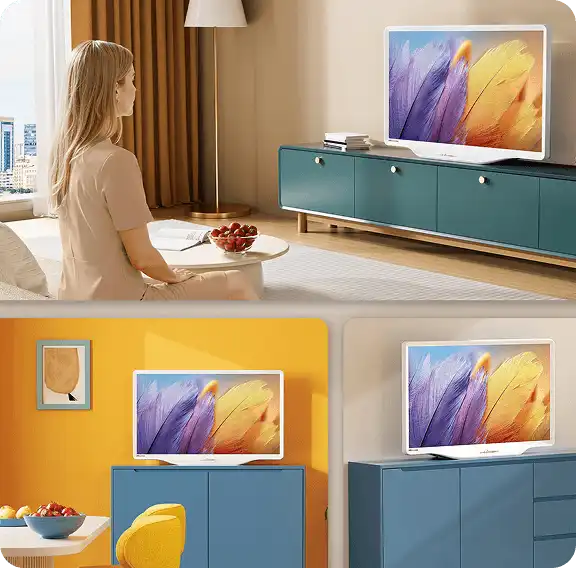 Kolaż czterech wnętrz prezentujący biały telewizor Hisense S5 na różnych szafkach i biurkach w nowoczesnym stylu