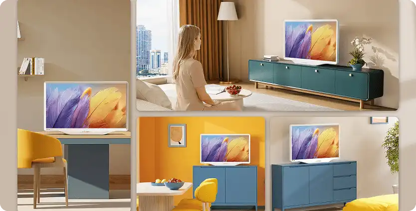Kolaż czterech wnętrz prezentujący biały telewizor Hisense S5 na różnych szafkach i biurkach w nowoczesnym stylu