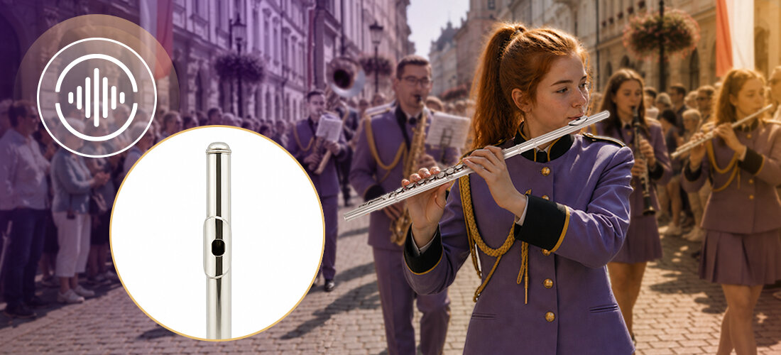 Flet poprzeczny MUSICMATE MM-D70 AurisFlute tonacja C nowe srebro wyrównana intonacja stabilne brzmienie, osoba grająca na flecie na paradzie