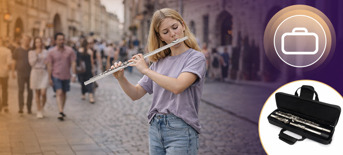 Flet poprzeczny MUSICMATE MM-D70 AurisFlute nauka gry koncert orkiestra zespół kameralny, osoba grająca na flecie na deptaku