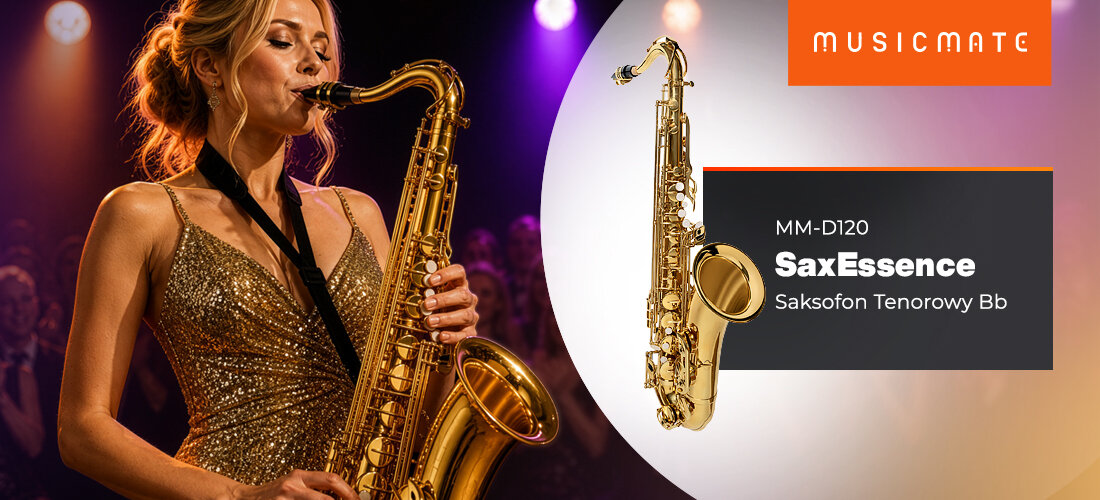 Saksofon tenorowy MUSICMATE MM-D120 SaxEssence instrument muzyczny eleganckie wykończenie, osoba grająca na saksofonie