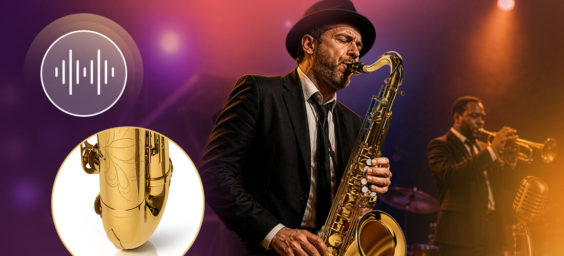 Saksofon tenorowy MUSICMATE MM-D120 SaxEssence stabilne brzmienie lakier futerał, osoba grająca na saksofonie