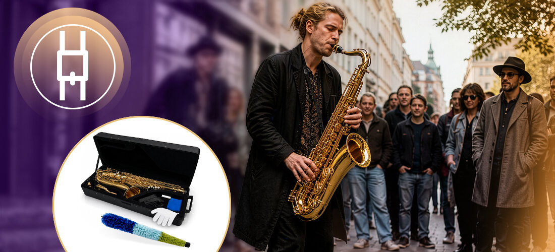 Saksofon tenorowy MUSICMATE MM-D120 SaxEssence koncerty próby futerał transportowy, osoba grająca na saksofonie w plenerze