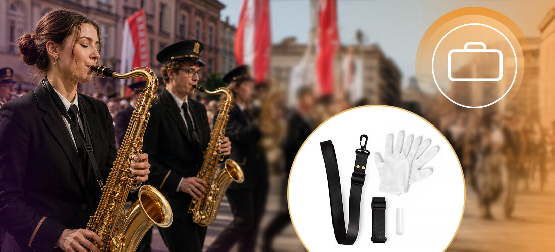 Saksofon tenorowy MUSICMATE MM-D120 SaxEssence pasek na szyję pielęgnacja instrumentu, osoby grające na saksofonie w orkiestrze dętej