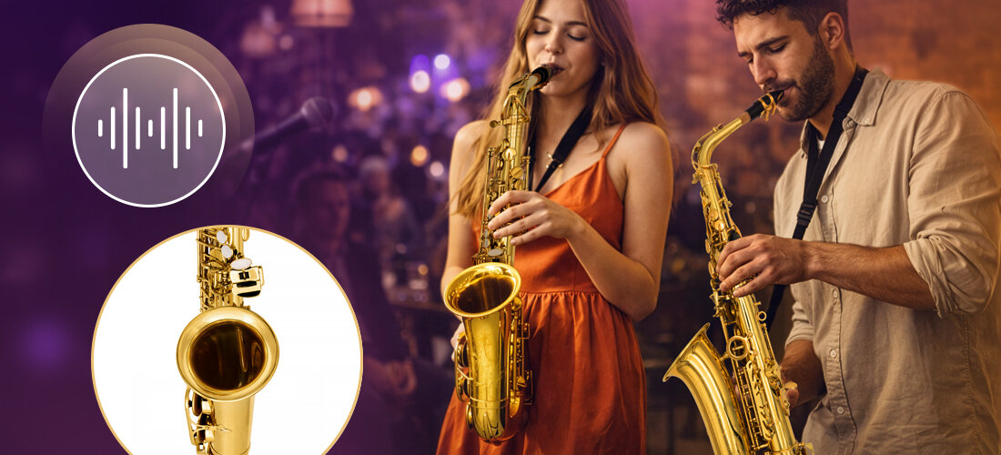 Saksofon altowy MUSICMATE MM-D100 AmberTone mosiądz tonacja Es futerał stabilne brzmienie, osoby grające na saksofonie