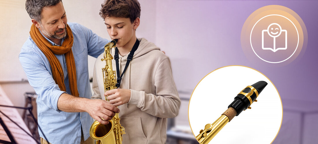 Saksofon altowy MUSICMATE MM-D100 AmberTone wyrównana intonacja stabilne brzmienie dobra projekcja dźwięku, osoba ucząca się gry na saksofonie z nauczycielem