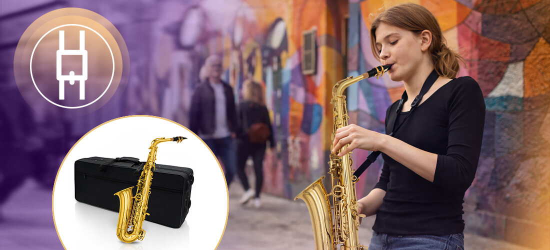 Saksofon altowy MUSICMATE MM-D100 AmberTone mosiężny korpus trwały lakier komfort gry, osoba grająca na saksofonie