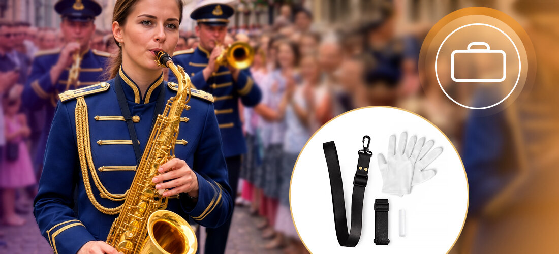 Saksofon altowy MUSICMATE MM-D100 AmberTone futerał transport na plecach wygodne użytkowanie, osoba grająca na saksofonie w orkiestrze dętej