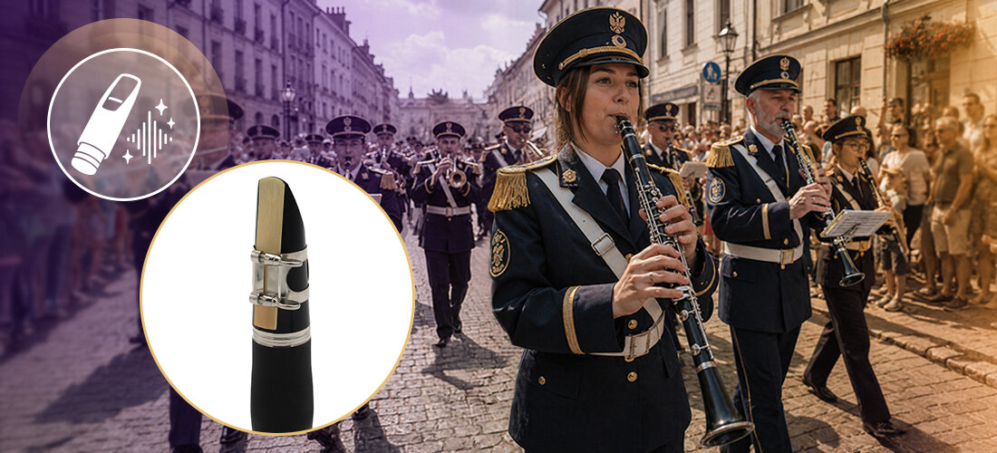 Klarnet MUSICMATE MM-D90 EbonyTone Bb korpus ABS długość 67 cm masa 0.75 kg, osoby grające na klarnetach, orkiestra dęta przechodząca ulicami miasta