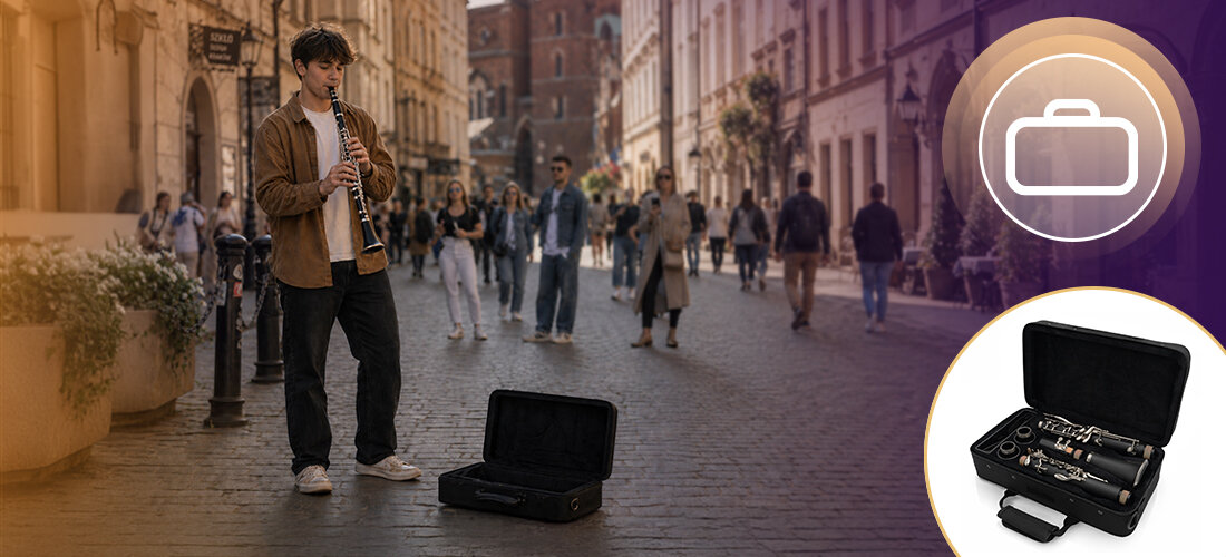 Klarnet MUSICMATE MM-D90 EbonyTone nauka gry orkiestra zespół kameralny występy, osoba grająca na klarnecie na deptaku