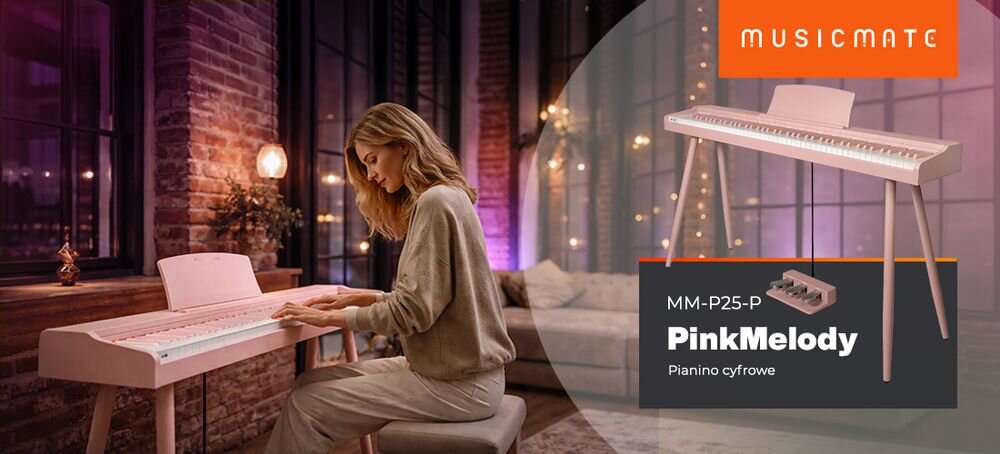 Pianino cyfrowe MUSICMATE MM-P25-P RoseKeys 88 klawiszy biblioteka brzmień rytmy nagłośnienie stereo, osoba grająca na pianinie