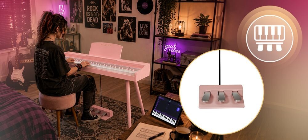 Pianino cyfrowe MUSICMATE MM-P25-P RoseKeys 380 tonów 128 rytmów 88 utworów DEMO wyświetlacz LED, osoba grająca na pianinie