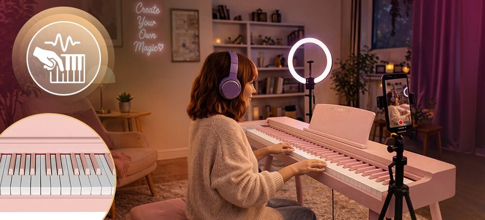 Pianino cyfrowe MUSICMATE MM-P25-P RoseKeys 88 klawiszy regulacja dynamiki funkcja dual split transpozycja, osoba grająca na pianinie