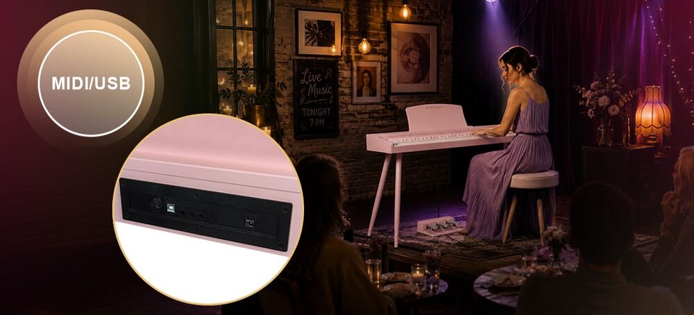 Pianino cyfrowe MUSICMATE MM-P25-P RoseKeys Bluetooth audio data port USB wyjście słuchawkowe, osoba grająca na pianinie