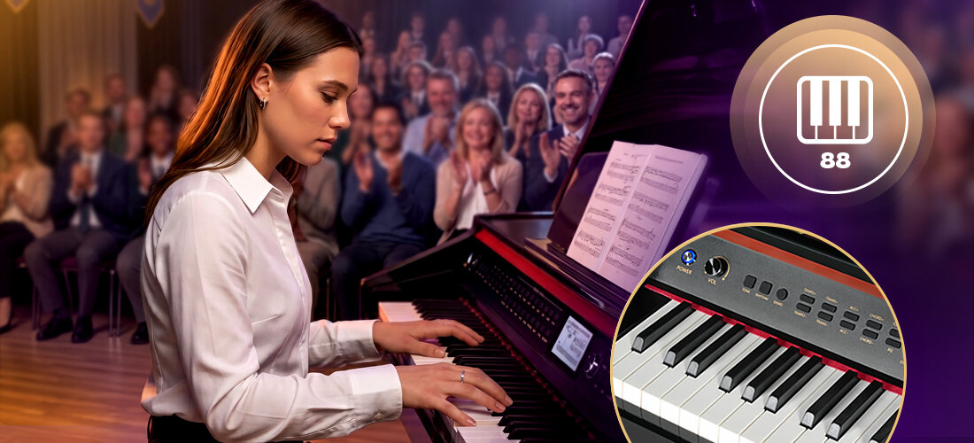 Fortepian cyfrowy MUSICMATE MM-P500-B DreamHarmony 88 ważonych klawiszy 128 brzmień 100 rytmów wyświetlacz LCD, osoba grająca na fortepianie