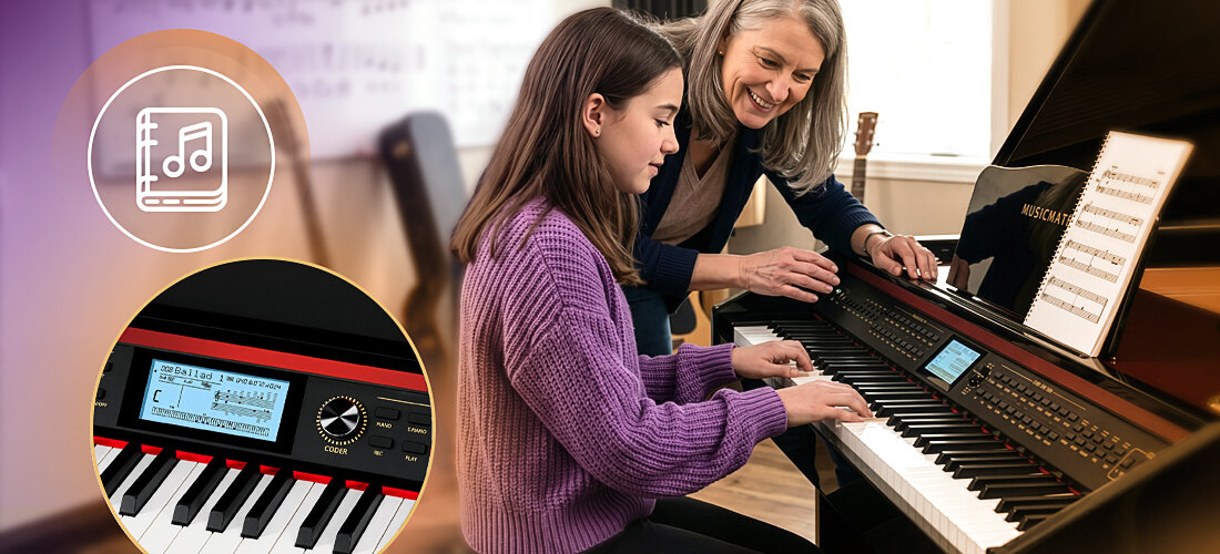 Fortepian cyfrowy MUSICMATE MM-P500-B DreamHarmony mechanika Hammer 5 poziomów dynamiki dual tone split keyboard, osoba grająca na fortepianie