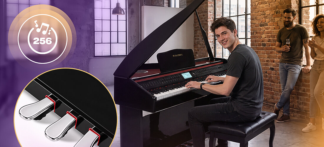 Fortepian cyfrowy MUSICMATE MM-P500-B DreamHarmony tryby nauki nagrywanie 4 track akompaniament sync fill in, osoba grająca na fortepianie