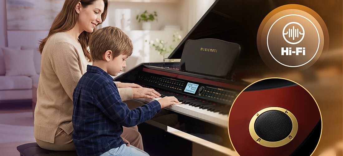 Fortepian cyfrowy MUSICMATE MM-P500-B DreamHarmony polifonia 256 głosów sustain dual bogate harmonie, osoba grająca na fortepianie