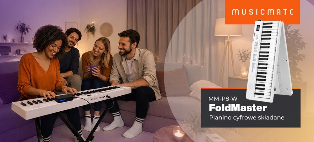 Pianino cyfrowe MUSICMATE składane MM-P8 FoldMaster składana konstrukcja mobilne pianino 88 klawiszy, osoba grająca na pianinie