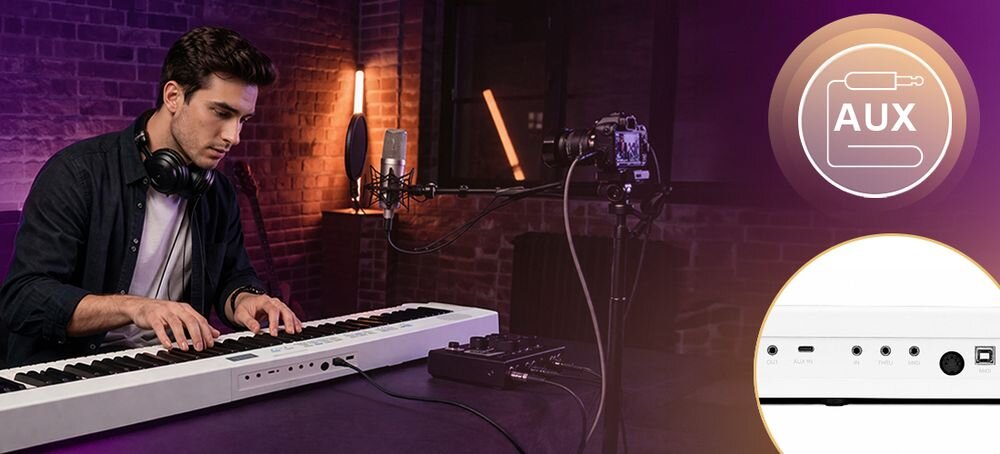Pianino cyfrowe MUSICMATE składane MM-P8 FoldMaster funkcja split dual transpozycja regulacja głośności, osoba grająca na pianinie