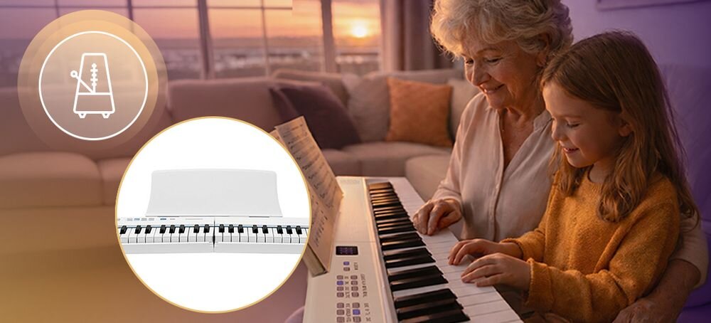 Pianino cyfrowe MUSICMATE składane MM-P8 FoldMaster 128 brzmień metronom nagrywanie polifonia 64, osoba z dzieckiem grająca na pianinie