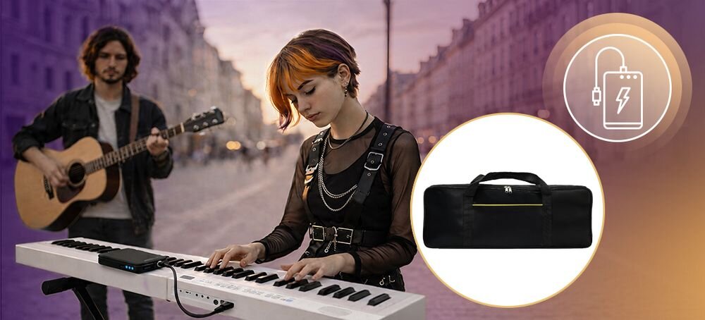 Pianino cyfrowe MUSICMATE składane MM-P8 FoldMaster USB-C AUX słuchawki mikrofon pedał sustain składana konstrukcja, osoba grająca na pianinie