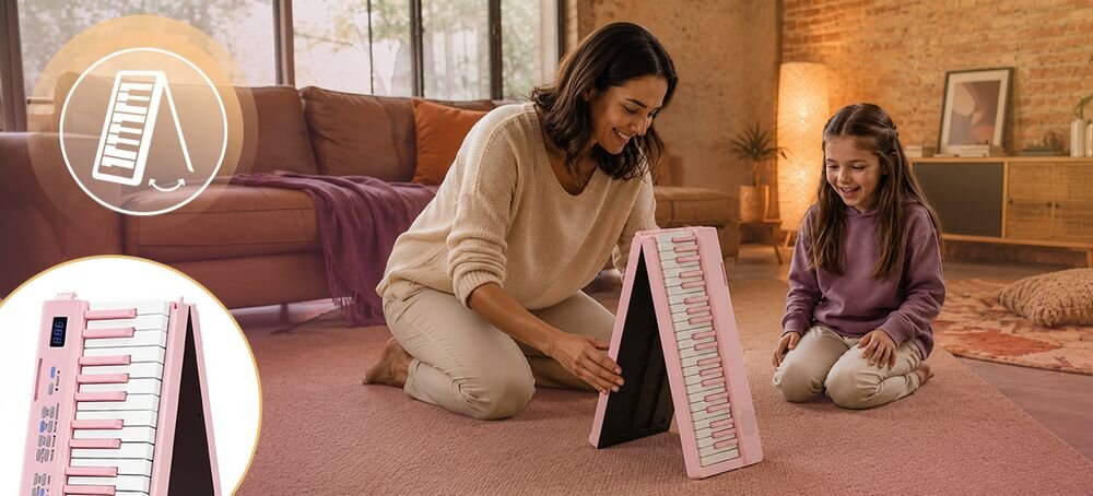Pianino cyfrowe składane MUSICMATE MM-P8 FoldMaster 88 klawiszy 128 brzmień 128 rytmów głośniki 2x3 W, osoba rozkładająca pianino