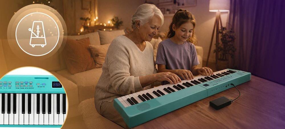 Pianino cyfrowe składane MUSICMATE MM-P8 FoldMaster 88 klawiszy 128 brzmień 128 rytmów głośniki 2x3 W, osoby grające na pianinie