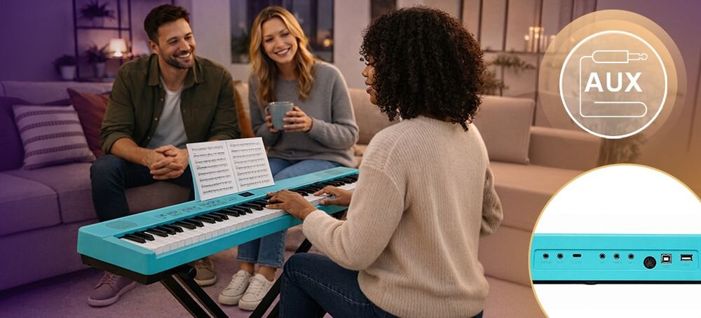 Pianino cyfrowe składane MUSICMATE MM-P8 FoldMaster funkcje split dual transpozycja regulacja głośności, osoba grająca na pianinie
