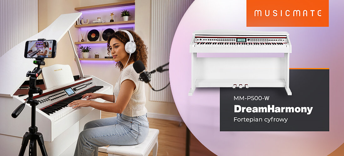 Fortepian cyfrowy MUSICMATE MM-P500-W DreamHarmony 88 ważonych klawiszy Hammer brzmienie sceniczne nauka gry, osoba grająca na fortepianie