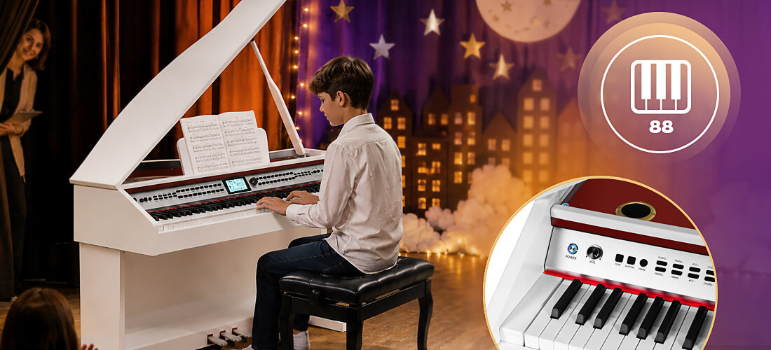 Fortepian cyfrowy MUSICMATE MM-P500-W DreamHarmony 88 ważonych klawiszy 128 brzmień 100 rytmów wyświetlacz LCD, osoba grająca na fortepianie