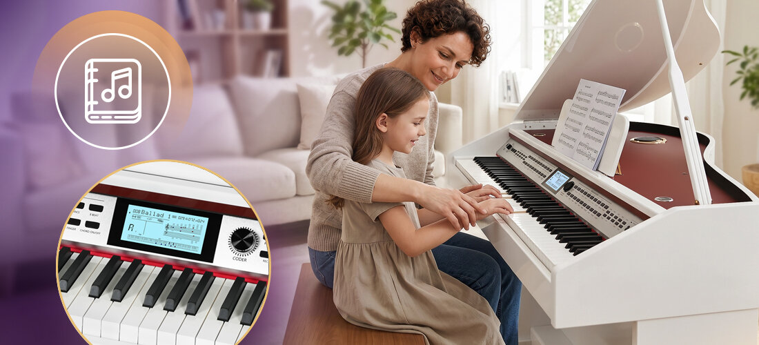 Fortepian cyfrowy MUSICMATE MM-P500-W DreamHarmony mechanika Hammer 5 poziomów dynamiki dual tone split keyboard, osoba grająca na fortepianie