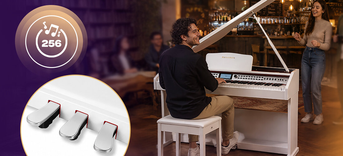 Fortepian cyfrowy MUSICMATE MM-P500-W DreamHarmony tryby nauki nagrywanie 4 track akompaniament sync fill in, osoba grająca na fortepianie