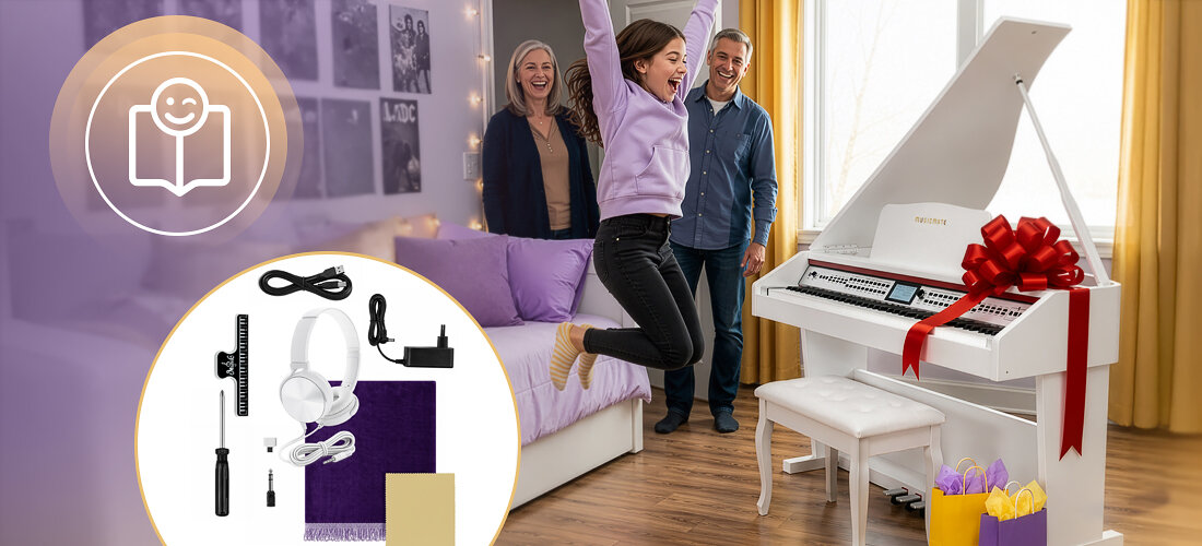 Fortepian cyfrowy MUSICMATE MM-P500-W DreamHarmony Bluetooth Data USB system Hi Fi zasilanie DC 12V 3A, fortepian stojący w pokoju