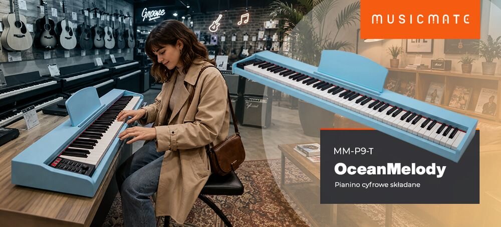 Pianino cyfrowe MUSICMATE MM-P9 OceanMelody błękitne wykończenie 88 klawiszy nauka gry i tworzenie muzyki, osoba grająca na pianinie