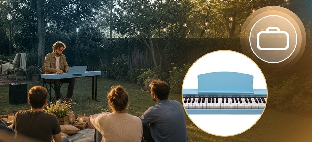 Pianino cyfrowe MUSICMATE MM-P9 OceanMelody 88 dynamicznych klawiszy brzmienia rytmy DEMO USB MIDI DAC, osoba grająca na pianinie