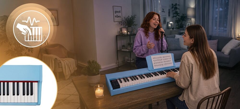 Pianino cyfrowe MUSICMATE MM-P9 OceanMelody 88 czułych klawiszy dynamika nacisku naturalne odczucia gry, osoba grająca na pianinie