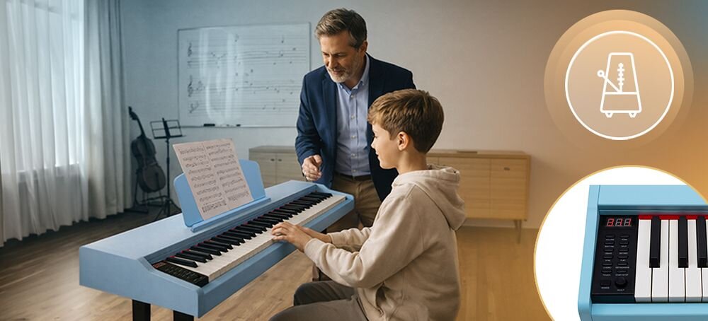 Pianino cyfrowe MUSICMATE MM-P9 OceanMelody 128 brzmień 128 rytmów 80 utworów DEMO głośniki 10 W, osoba grająca na pianinie