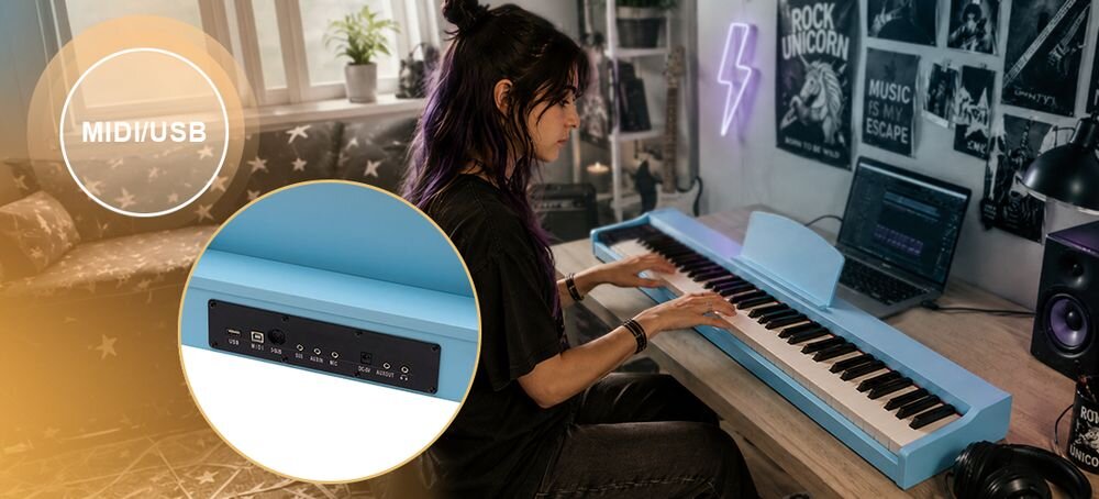 Pianino cyfrowe MUSICMATE MM-P9 OceanMelody MIDI USB-A dwa wyjścia DAC pedał sustain waga 12 kg, osoba grająca na pianinie