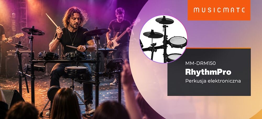 Perkusja elektroniczna MUSICMATE MM-DRM150 RhythmPro zestaw do nauki i ćwiczeń perkusyjnych, osoba grająca na perkusji