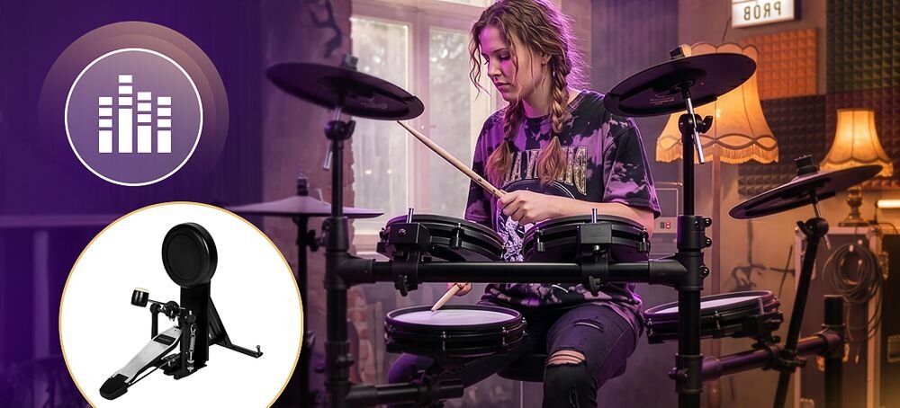 Perkusja elektroniczna MUSICMATE MM-DRM150 RhythmPro hammer kick 225 barw USB-MIDI stabilny statyw, osoba grająca na perkusji