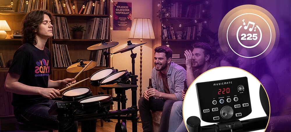 Perkusja elektroniczna MUSICMATE MM-DRM150 RhythmPro czułe pady hammer kick regulacja czułości, osoba grająca na perkusji