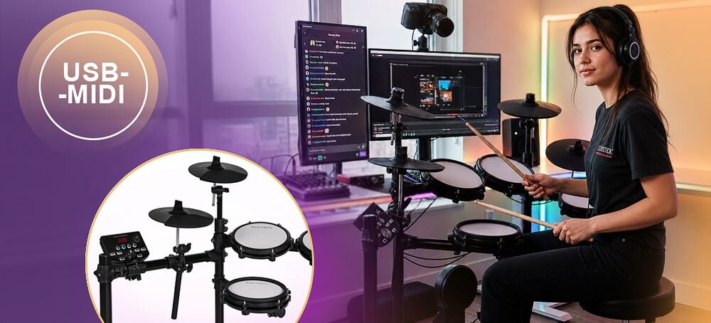 Perkusja elektroniczna MUSICMATE MM-DRM150 RhythmPro 15 zestawów 225 barw metronom tryby COACH, osoba grająca na perkusji