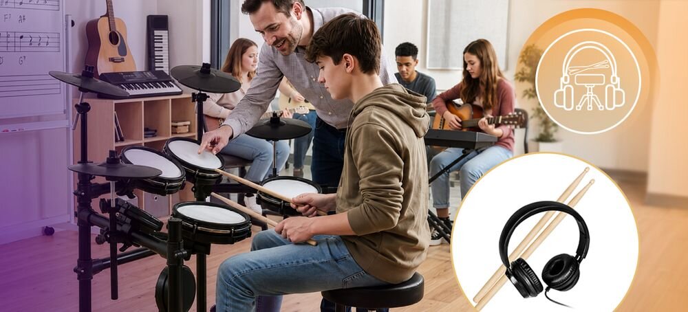 Perkusja elektroniczna MUSICMATE MM-DRM150 RhythmPro USB-MIDI AUX IN AUDIO OUT nagrywanie, osoba grająca na perkusji