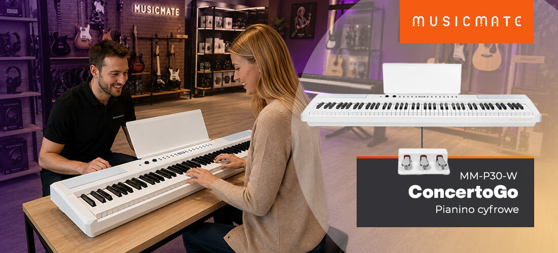 Pianino cyfrowe MUSICMATE MM-P30-W ConcertoGo pełnowymiarowa klawiatura instrument do nauki i gry, osoba grająca na pianinie