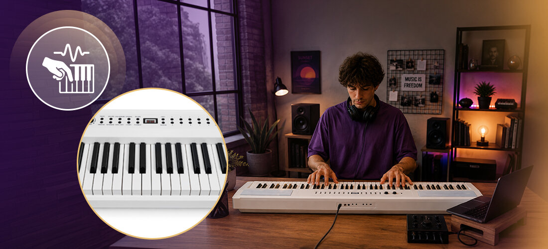 Pianino cyfrowe MUSICMATE MM-P30-W ConcertoGo 88 klawiszy Hammer Action Bluetooth LED, osoba grająca na pianinie